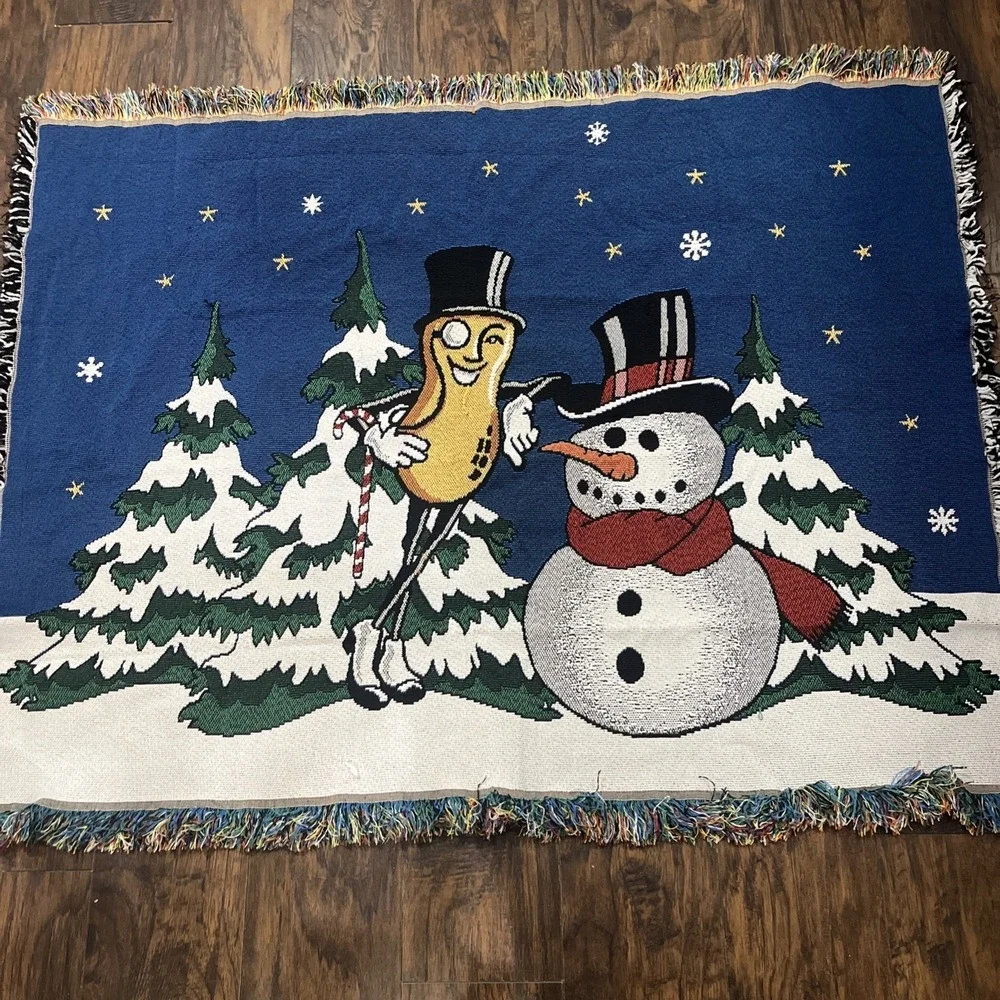 Rare Mr Peanut Throw‎ Blanket Planters Christmas Snowman Woven Tapestry 55 X 45